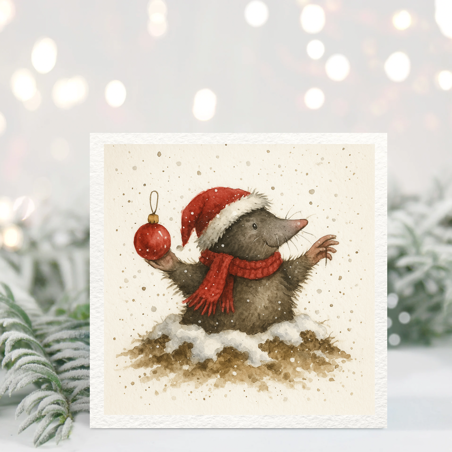 Cute Mole Christmas Card – Santa Hat & Bauble, Winter Animal Illustration