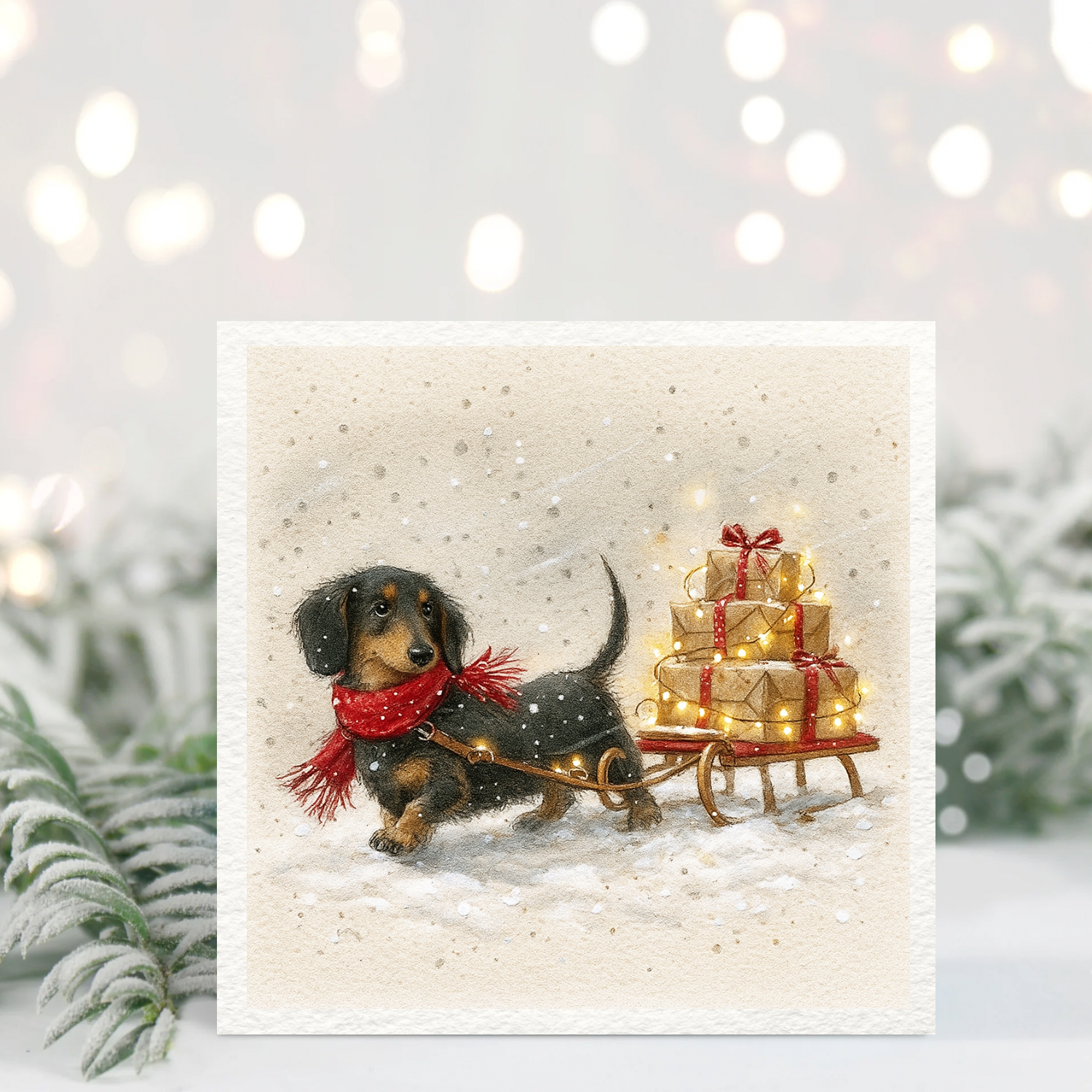 Dachshund Christmas Card – Cute Sausage Dog with Gifts – 5x5 Ca