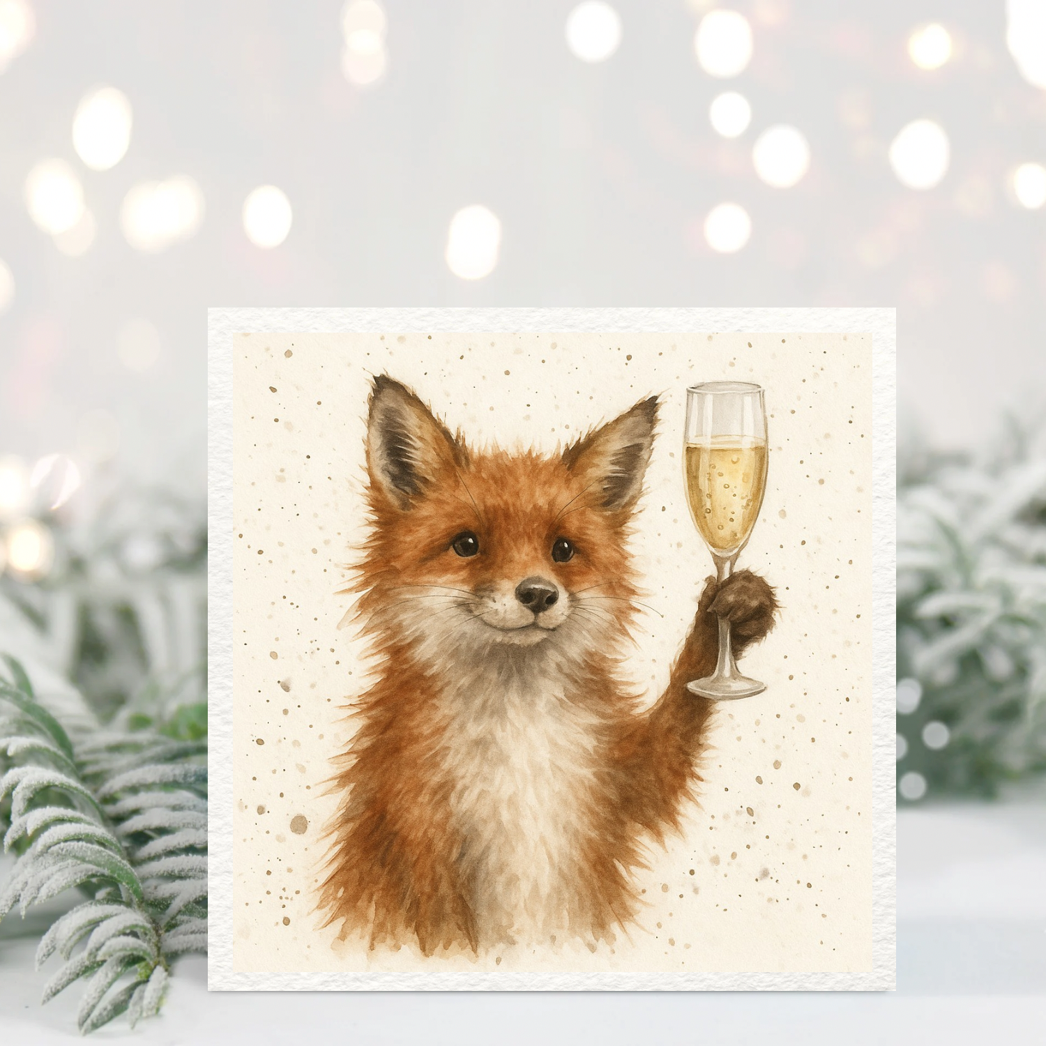 Fox Celebration Card – Champagne Glass, New Year & Birthday Animal Art