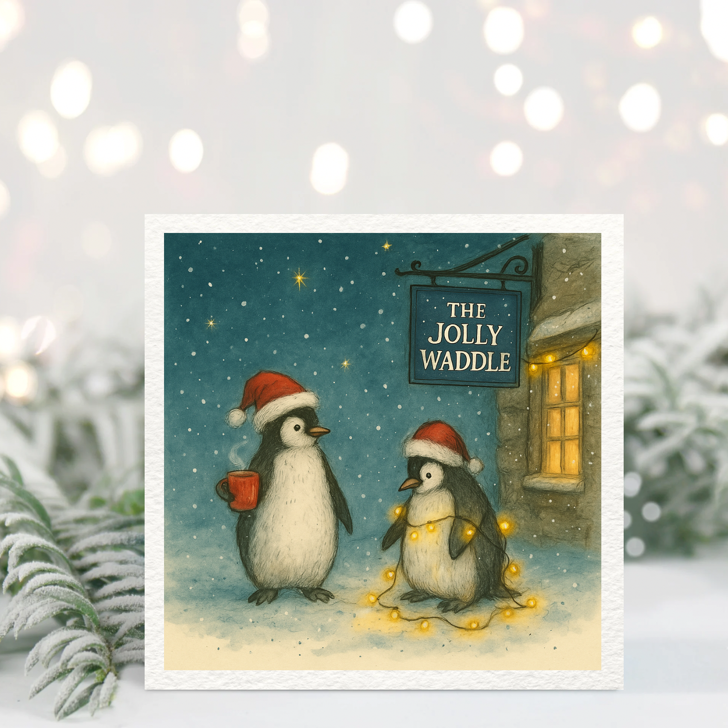 Cute Penguin Christmas Card – Festive Pub Scene, Santa Hats, Holiday Lights