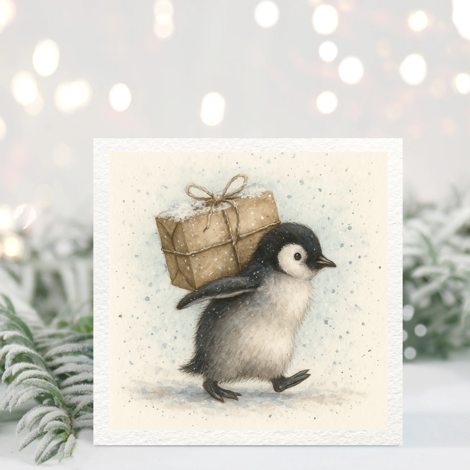 Cute Penguin Christmas Card – Baby Penguin With Gift, Winter Illustration