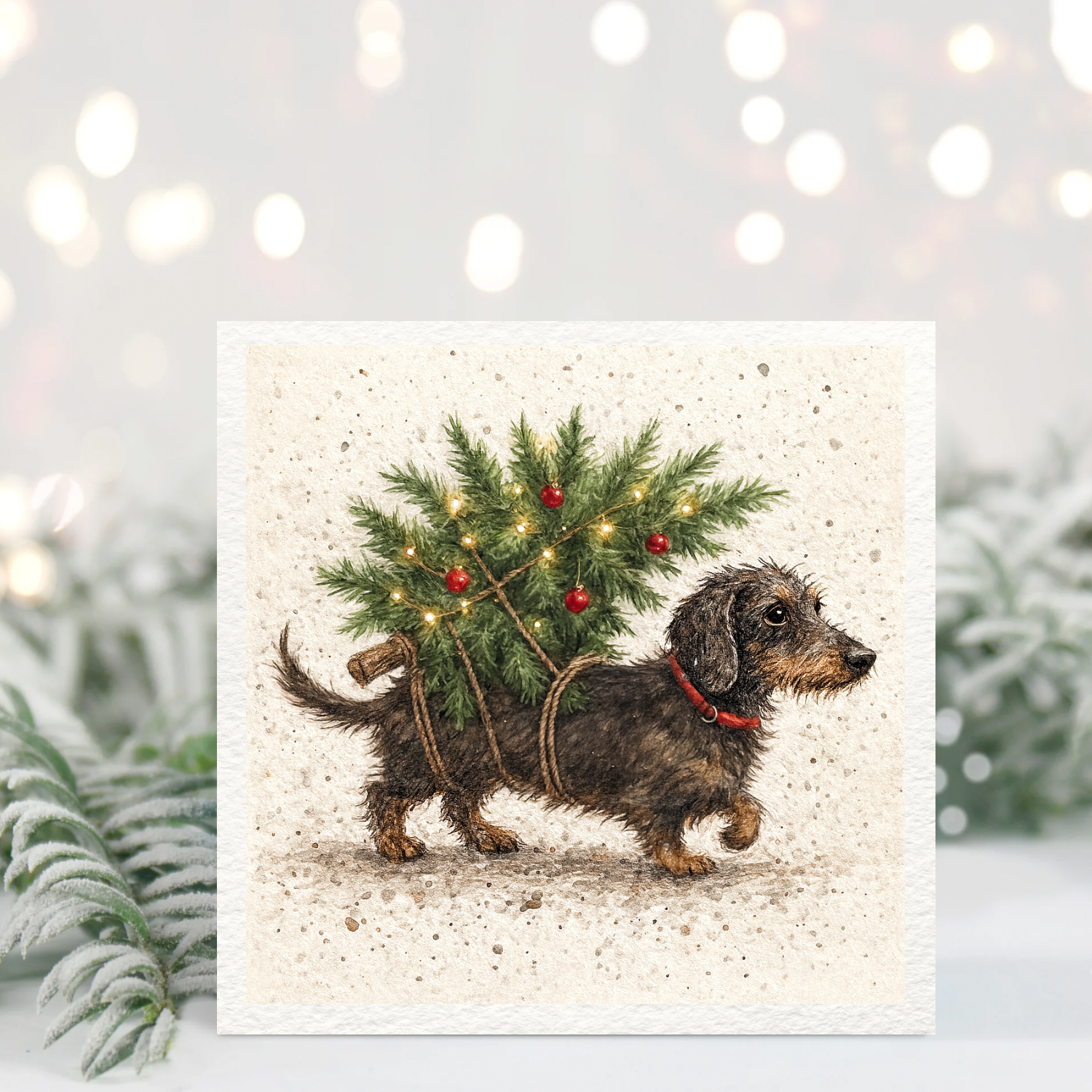 Dachshund Christmas Card – Sausage Dog With Tree, Cute Festive Design
