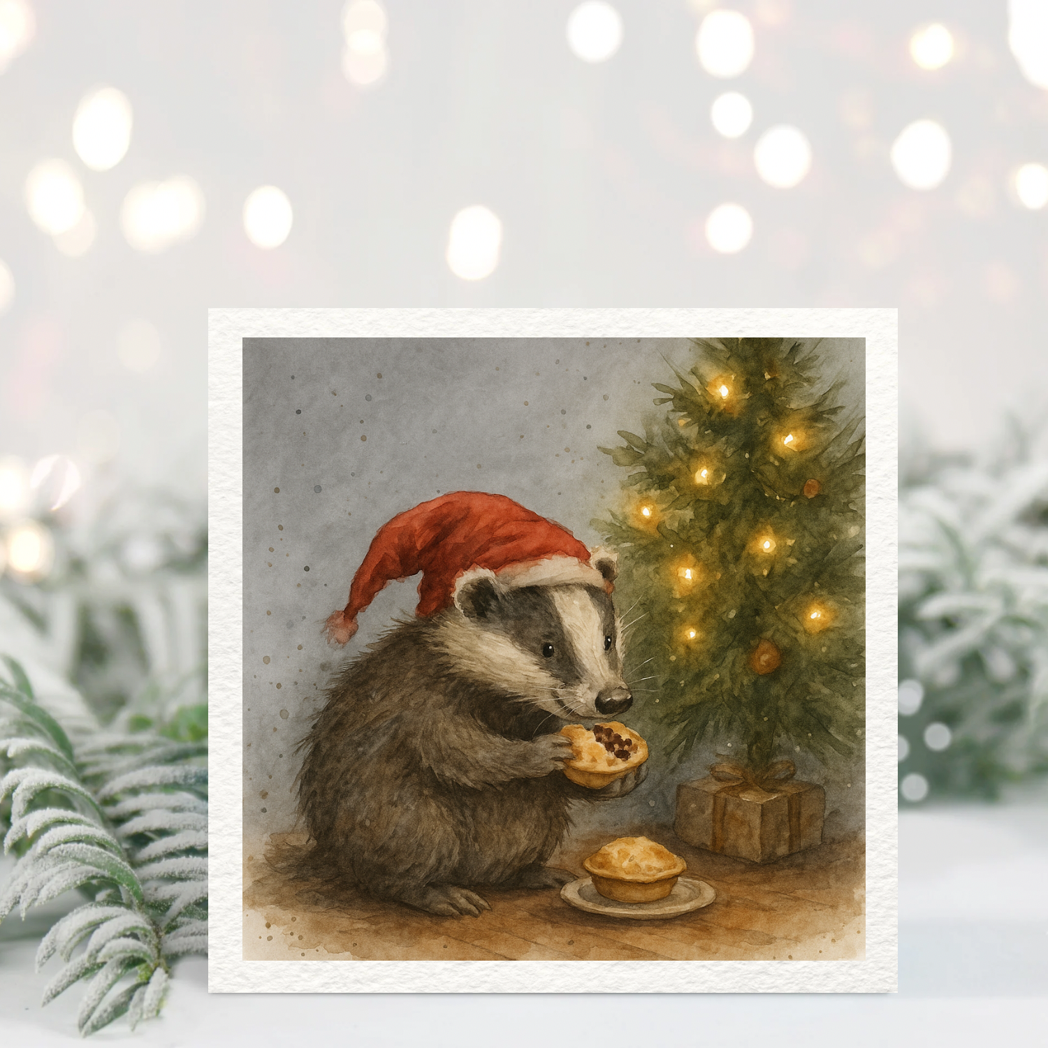 Badger Christmas Card – Festive Mince Pie Scene, Cute Winter Animal Art
