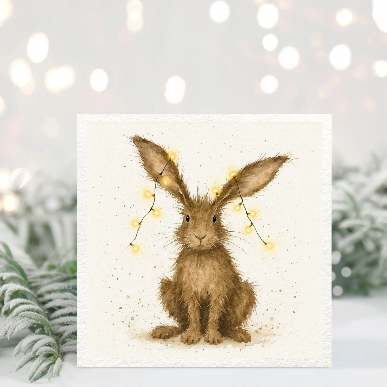 Hare Christmas Card – Cute Bunny With Fairy Lights, Winter Animal Art