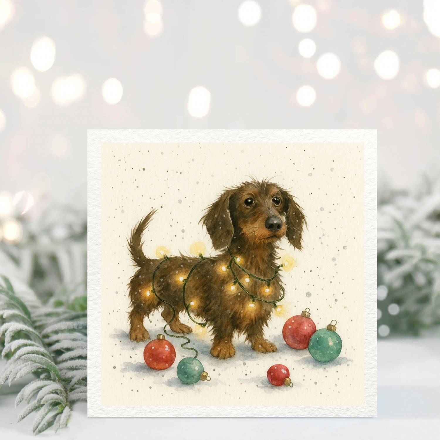 Dachshund Christmas Card – Sausage Dog With Fairy Lights & Baubles