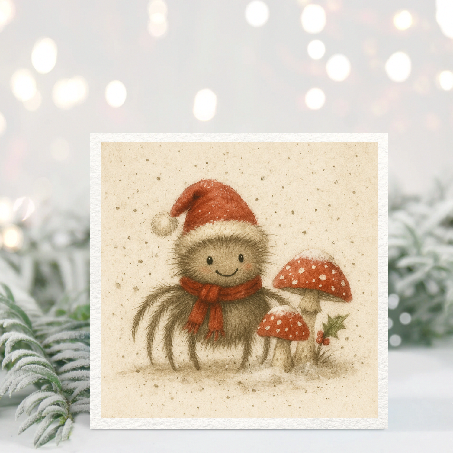 Cute Christmas Spider Card – Santa Hat, Toadstools, Winter Woodland Art