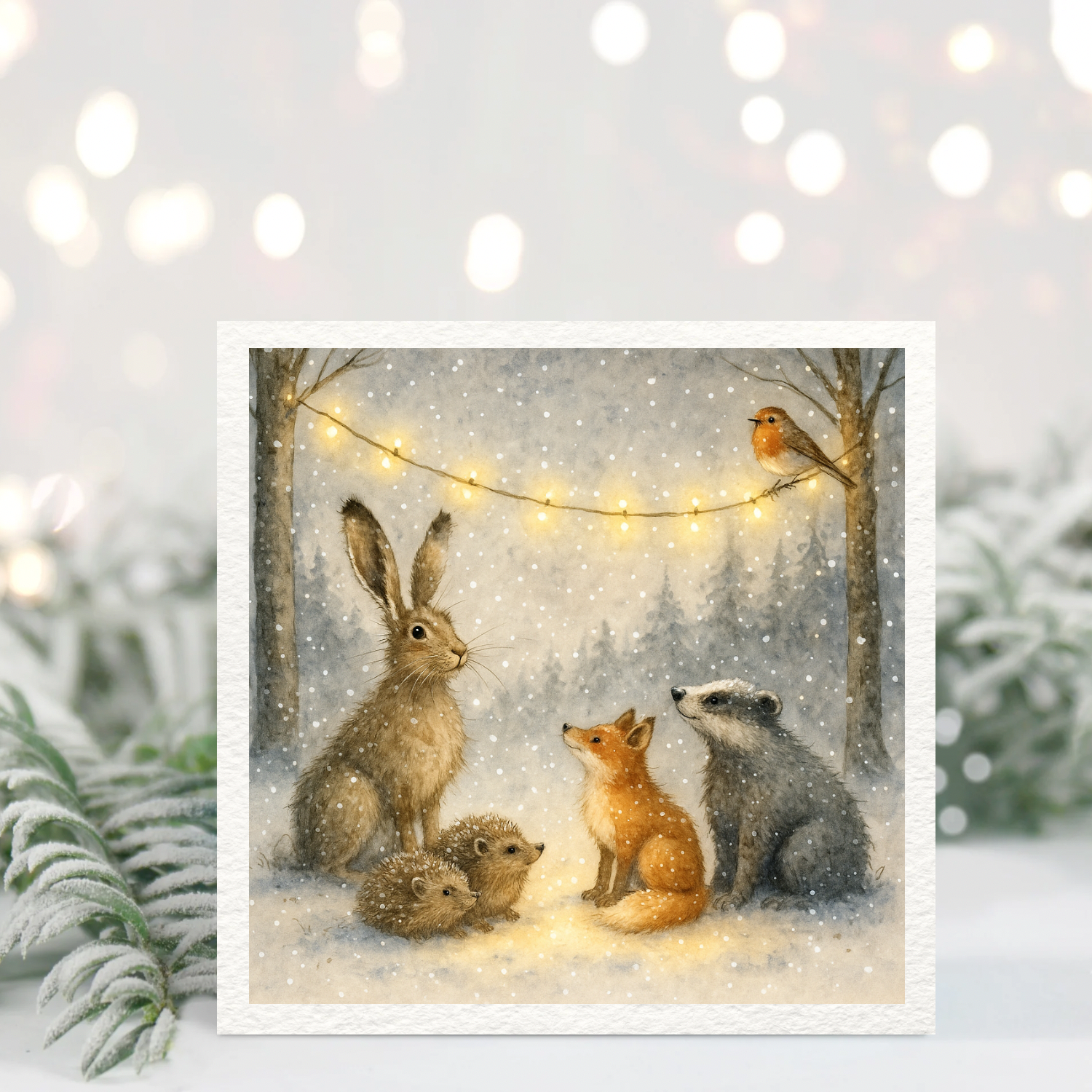 Woodland Animals Christmas Card – Hare, Fox, Badger & Hedgehogs Scene