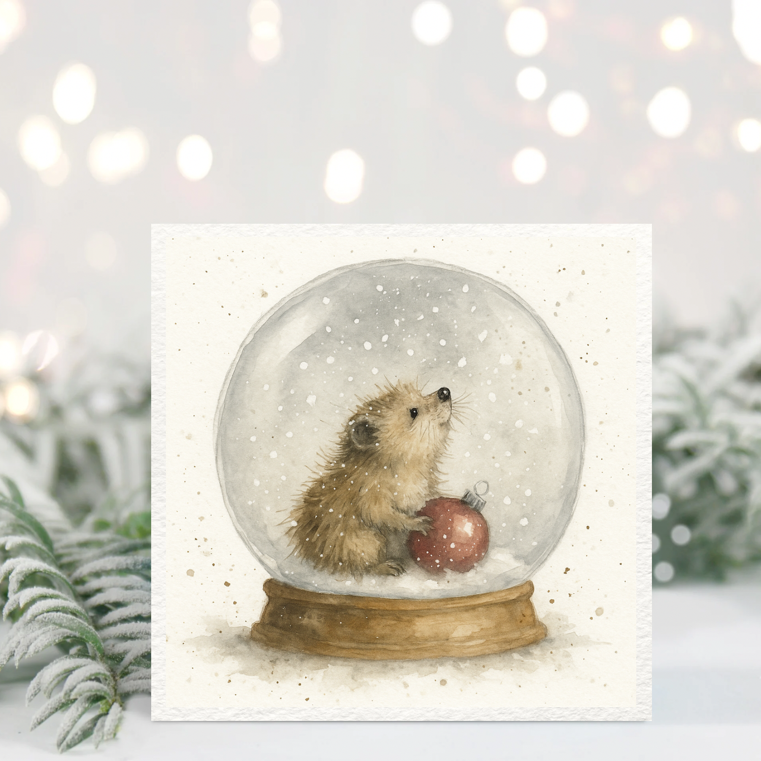 Hedgehog Snow Globe Christmas Card – Cute Winter Animal Illustration