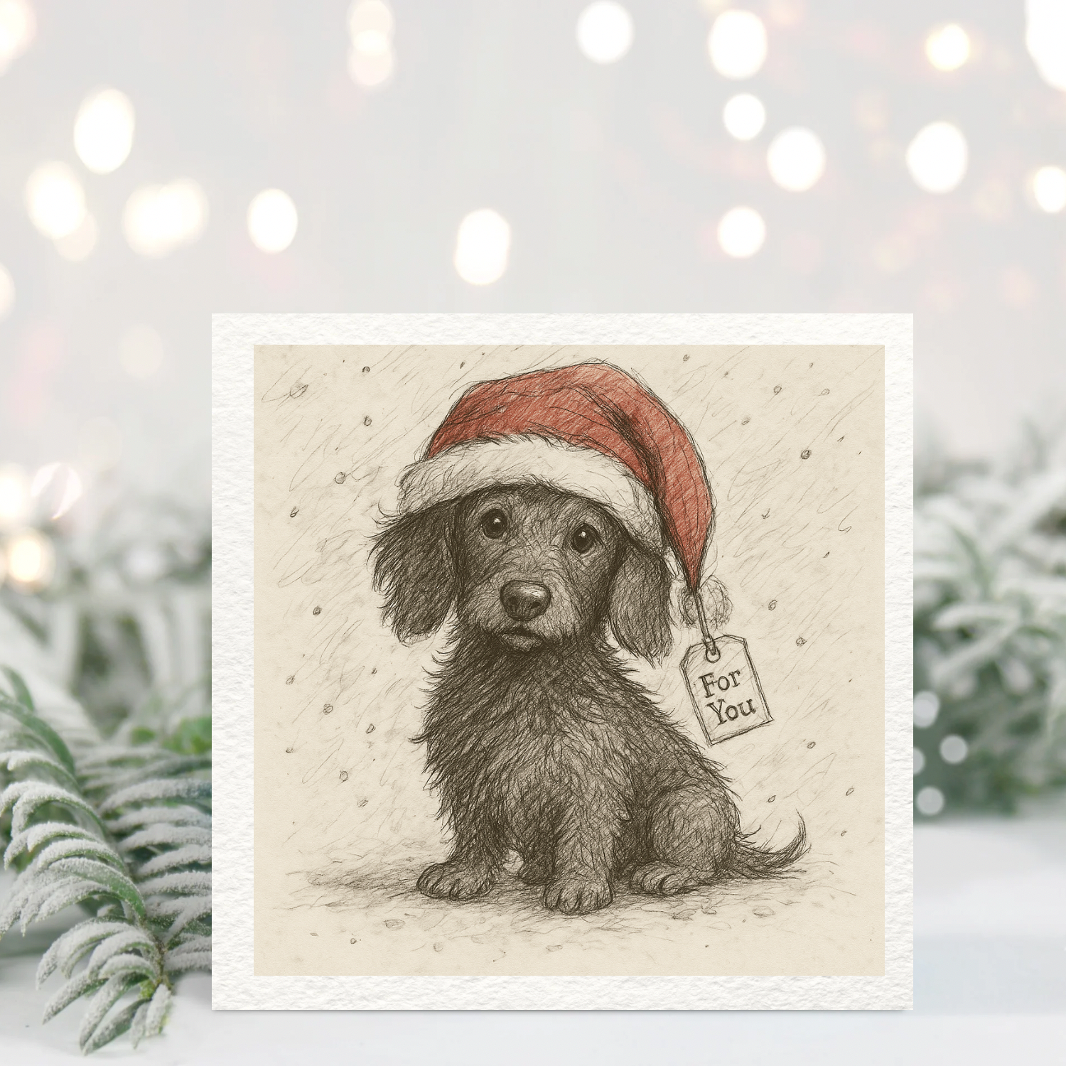 Cute Puppy Christmas Card – Santa Hat Dog Illustration, For You Tag