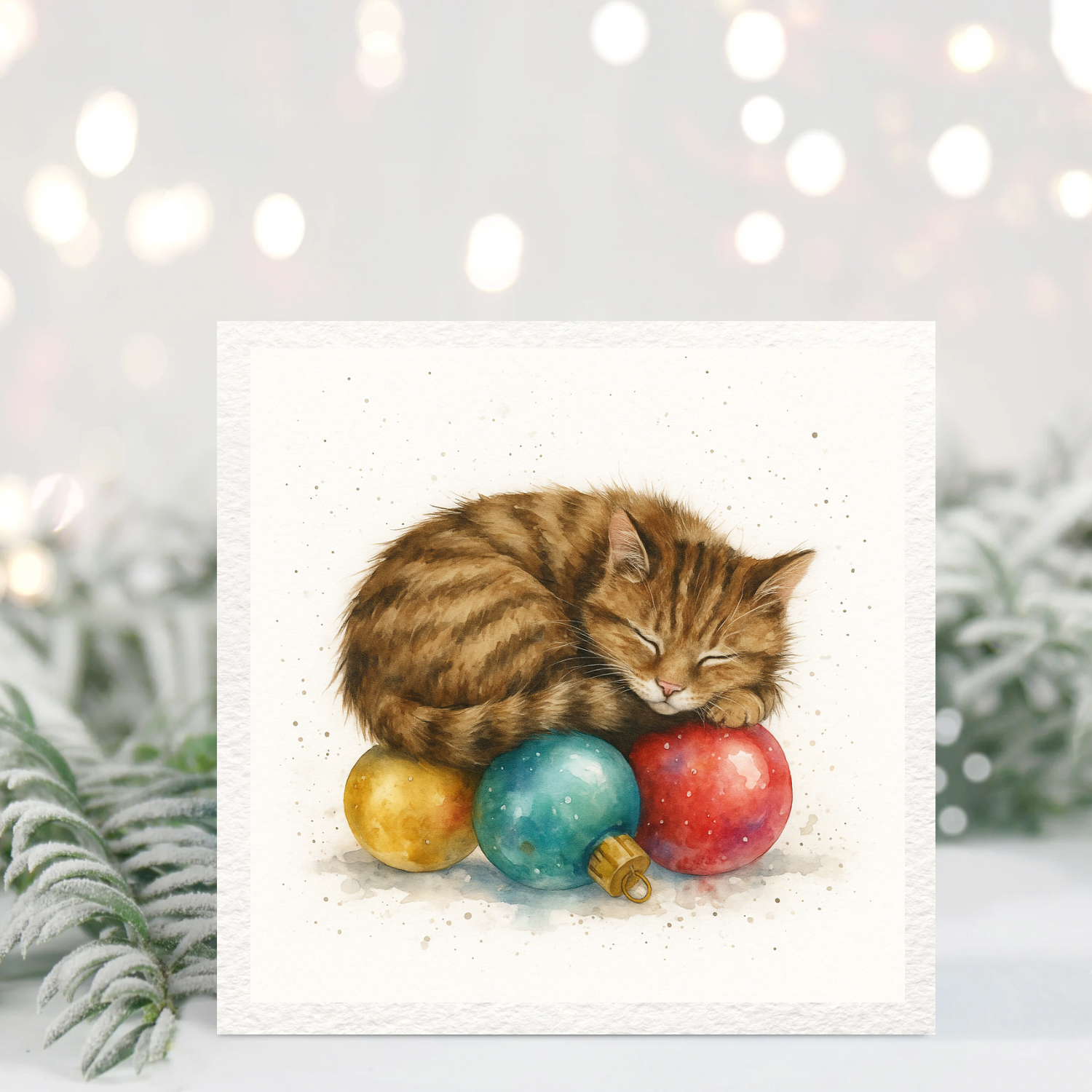Sleeping Kitten Christmas Card – Cute Cat on Baubles, Winter Illustration