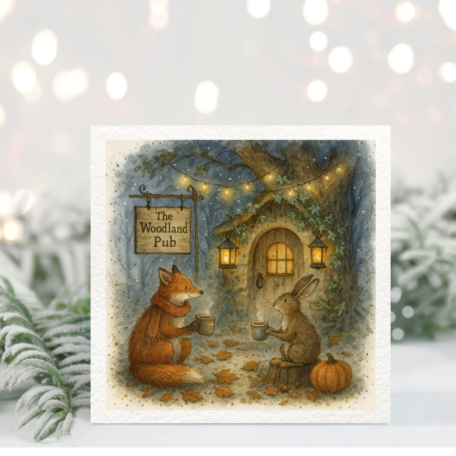 Woodland Fox & Rabbit Cosy Pub Greeting Card – Autumn Rustic Animal Illustration – Cute Forest Friends Card