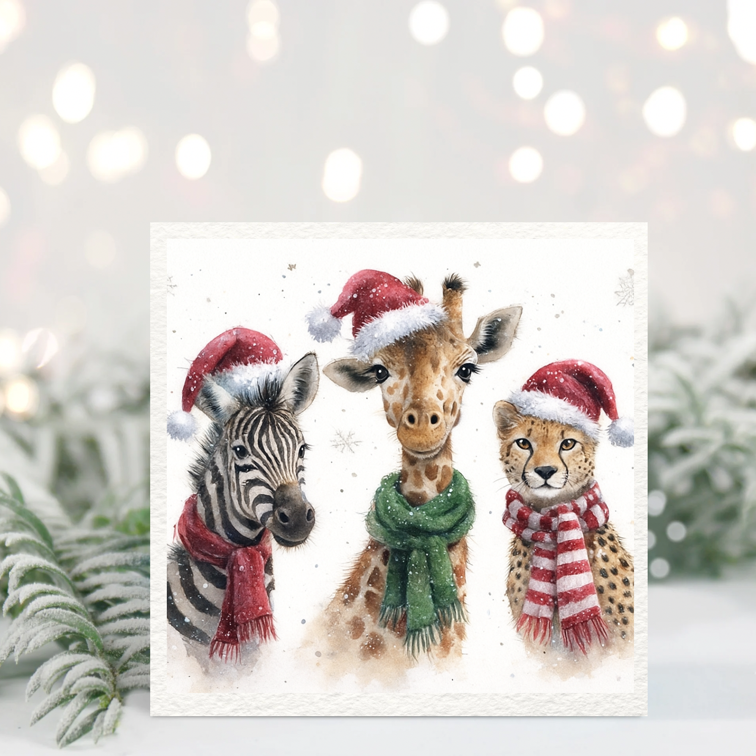 Christmas Safari Animals Greeting Card – Zebra, Giraffe & Cheetah – Cute Animal Christmas Card – Safari Trio in Santa Hats