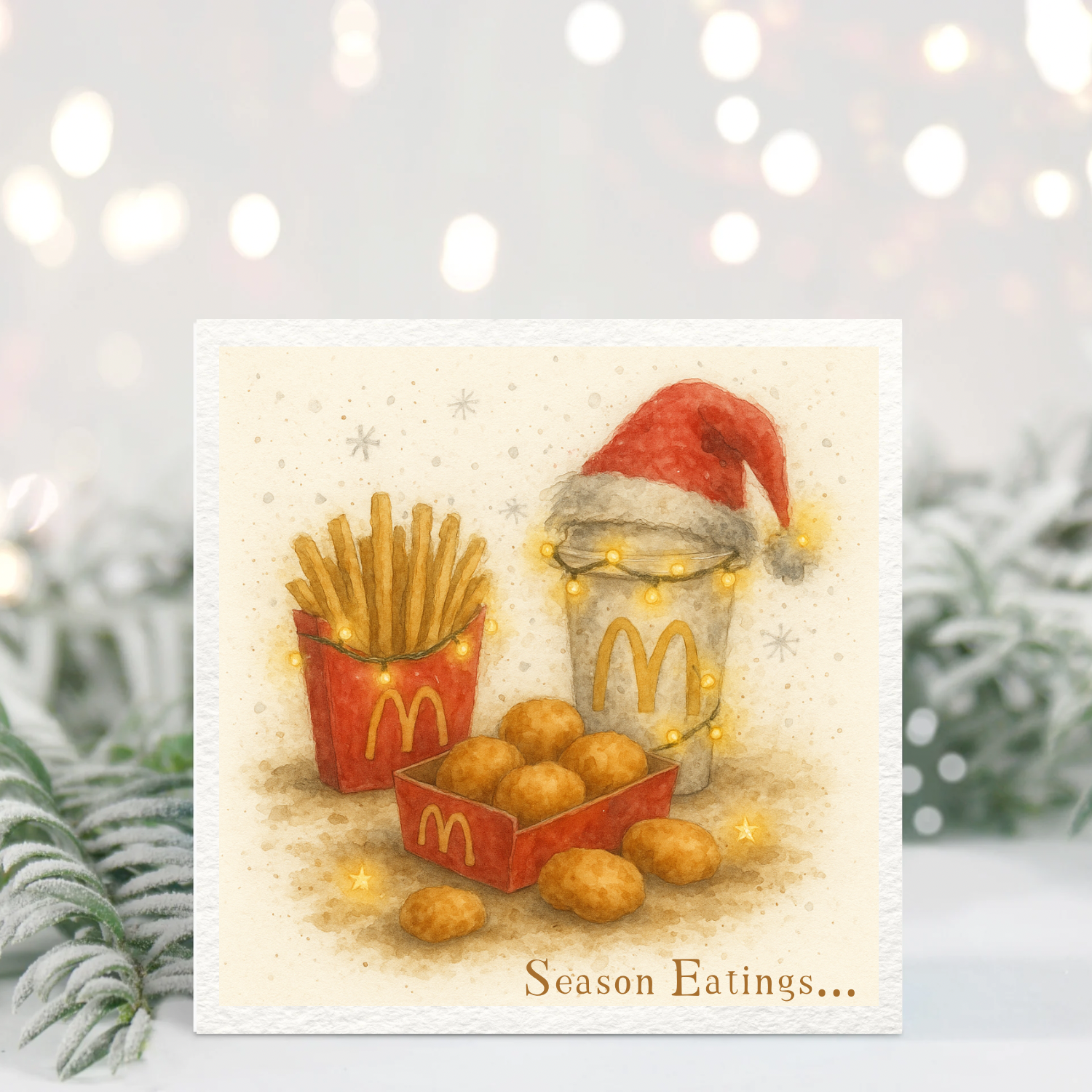 Season Eatings Christmas Card – Cute Fast-Food Inspired Fries & Nuggets Illustration – Funny Festive Card