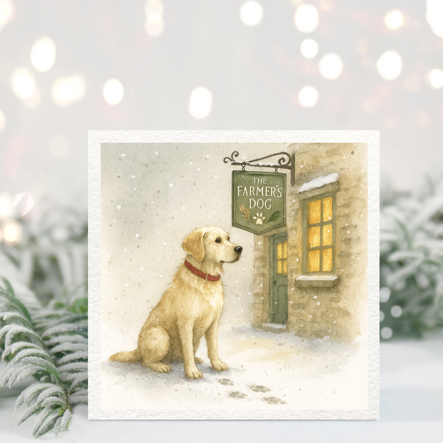 The Farmer’s Dog Winter Greeting Card – Golden Retriever Countryside Illustration – Cosy Snowy