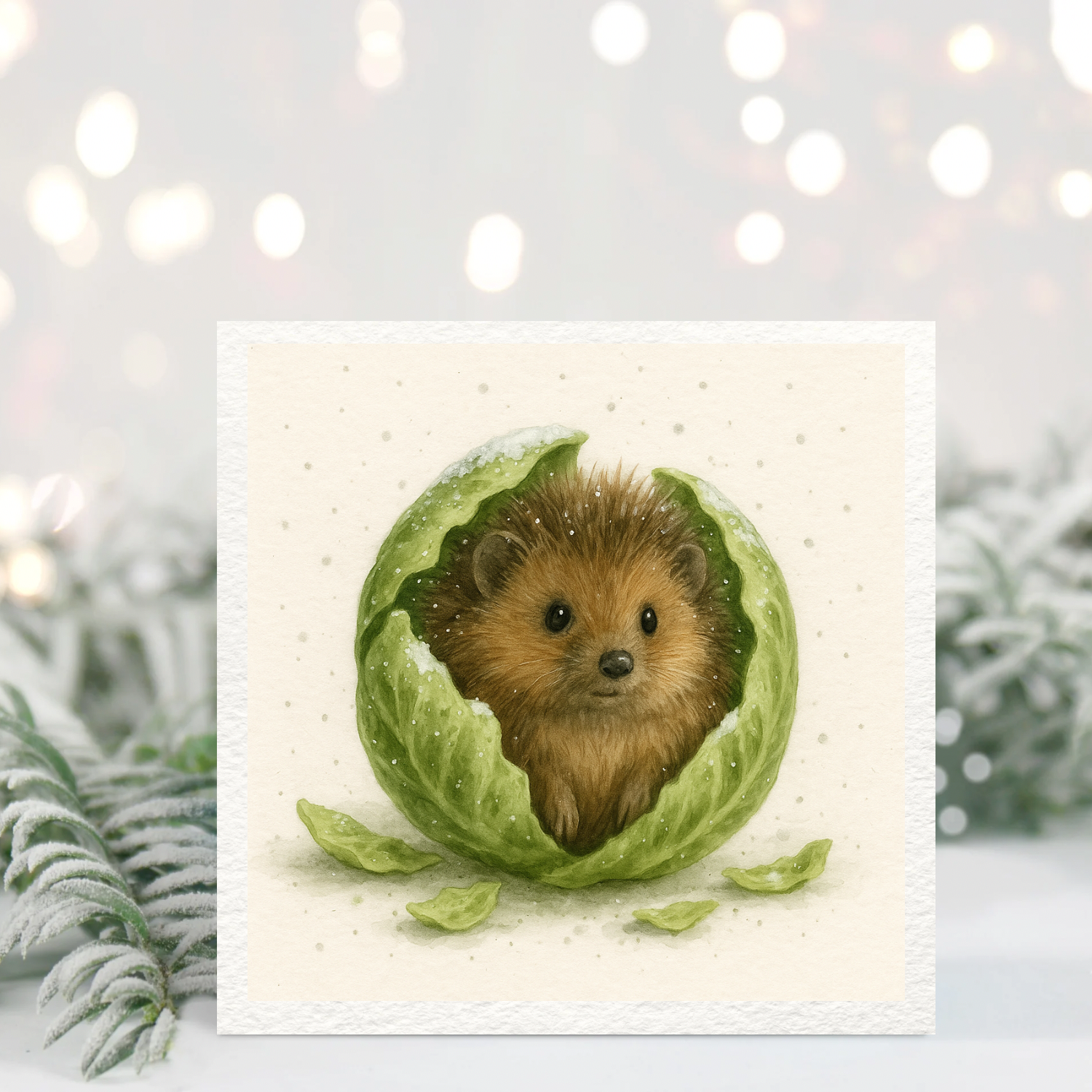 Cute hedgehog peeking out of an opened green sprout with soft snowfall – illustrated