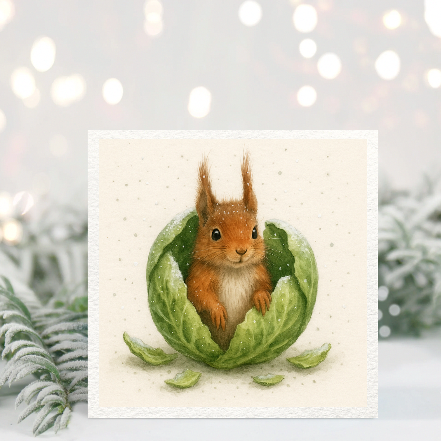 Squirrel in a Sprout Christmas Card – Cute Winter Squirrel Illustration – Festive 5x5 Woodland Card