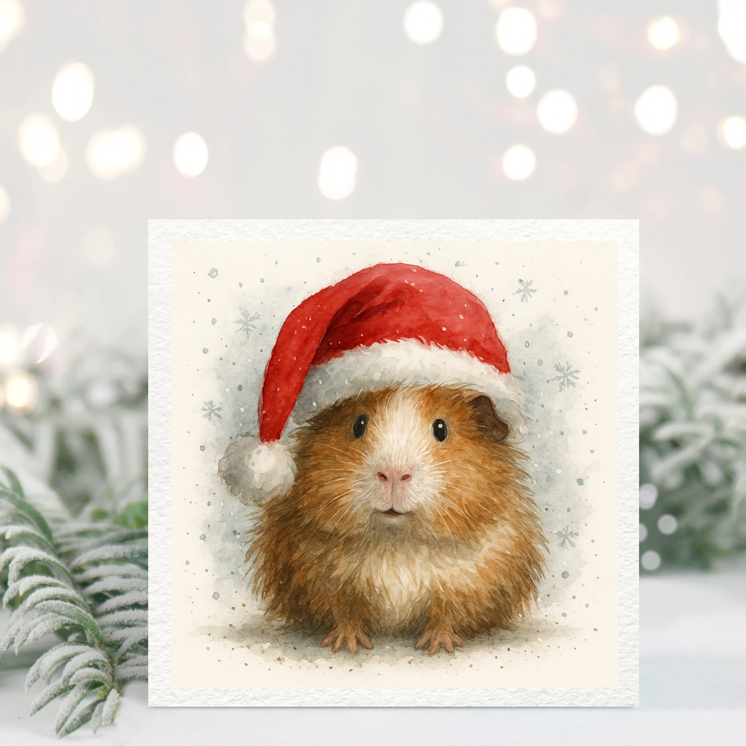 Guinea Pig in Santa Hat Christmas Card – Cute Winter Guinea Pig Illustration – Festive 5x5 Animal Card