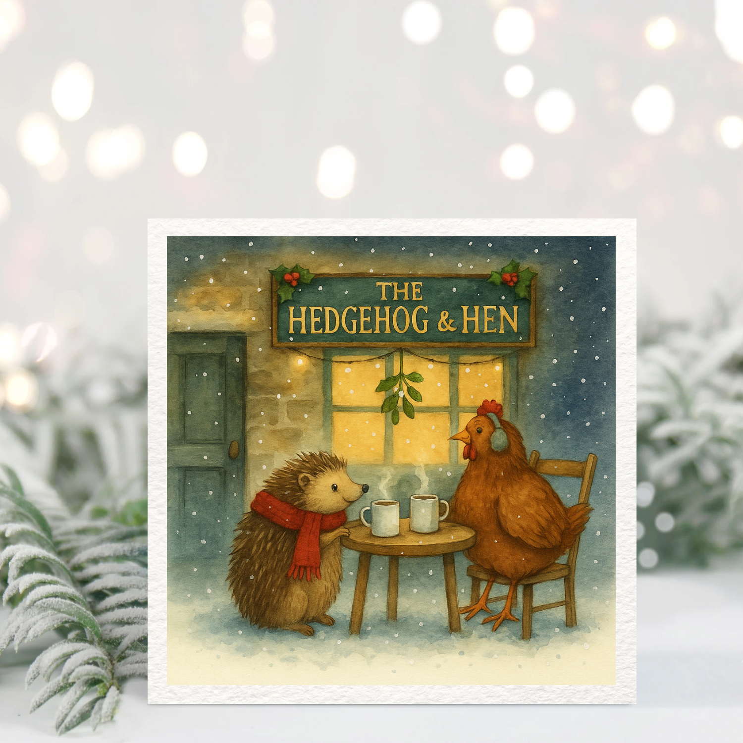 Hedgehog & Hen Christmas Card – Cosy Winter Animal Illustration – Cute Cottage Scene – PawsandpaperUK Greeting Card