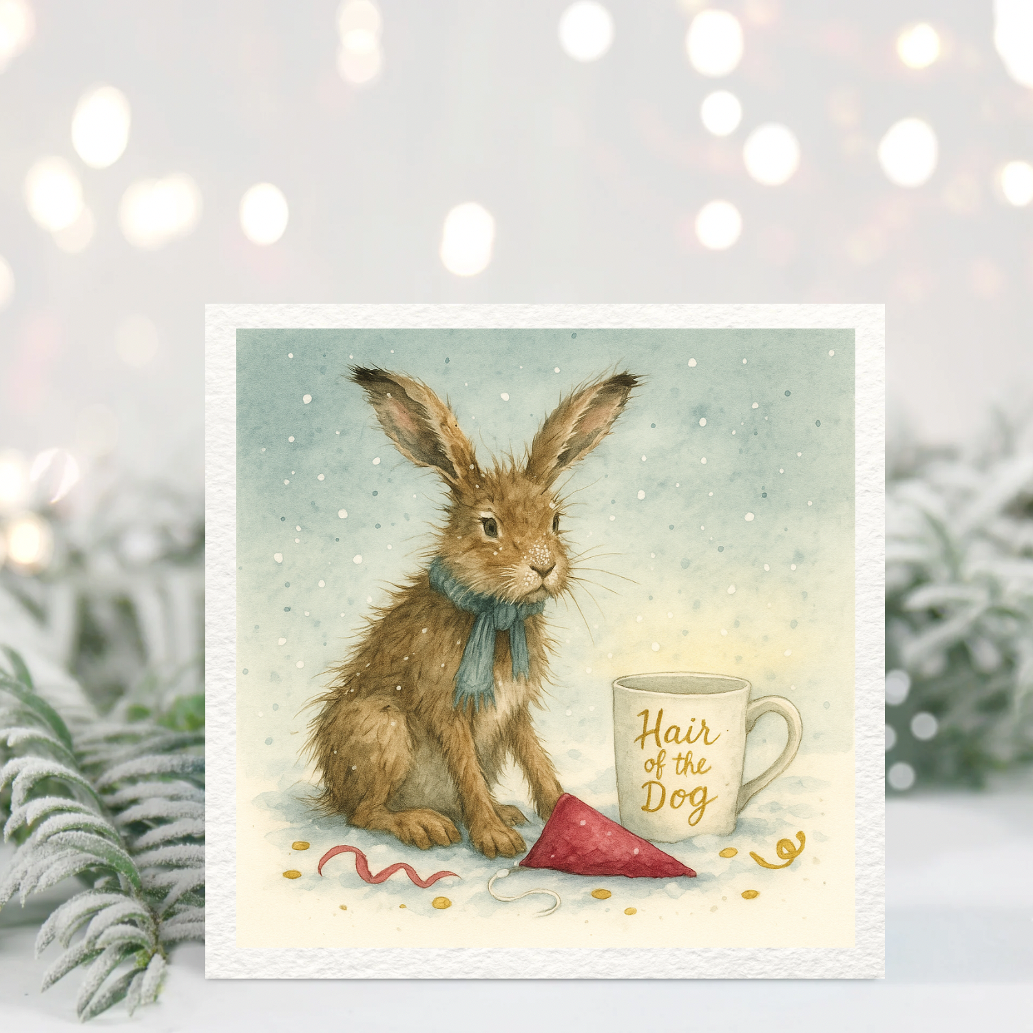 Funny Hare “Hair of the Dog” Card – Hungover Bunny Illustration – Humorous Animal Christmas & New Year Card