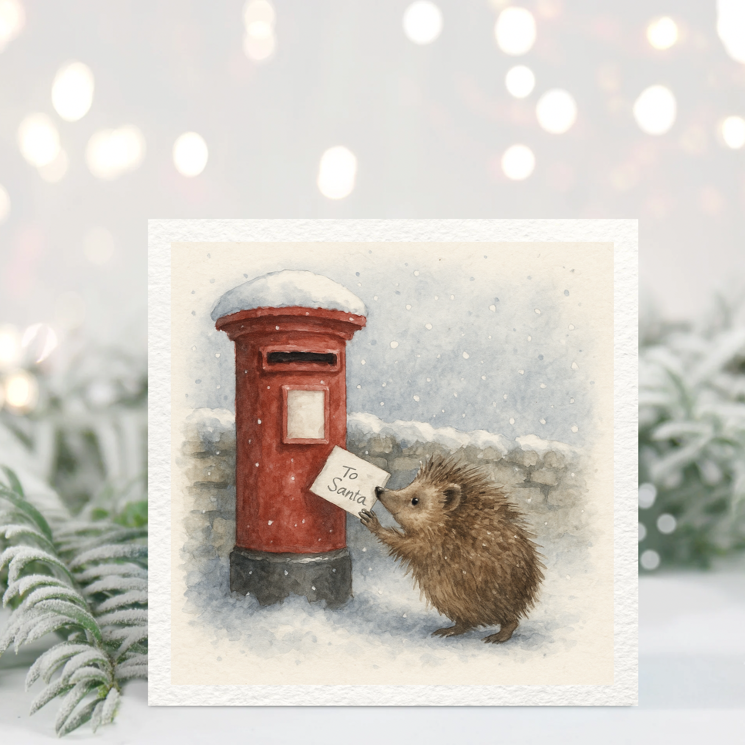 Hedgehog Posting Letter to Santa Card – Cute Christmas Animal Illustration – Red Postbox Winter Scene