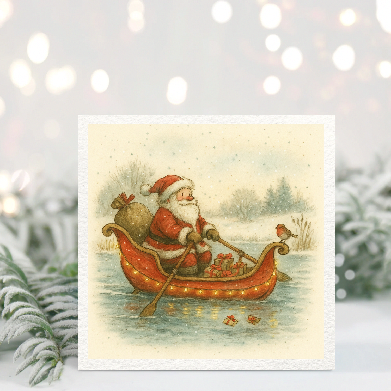 Santa Rowing Sleigh Boat Christmas Card – Whimsical Santa Illustration with Robin & Presents – Festive Winter Scene