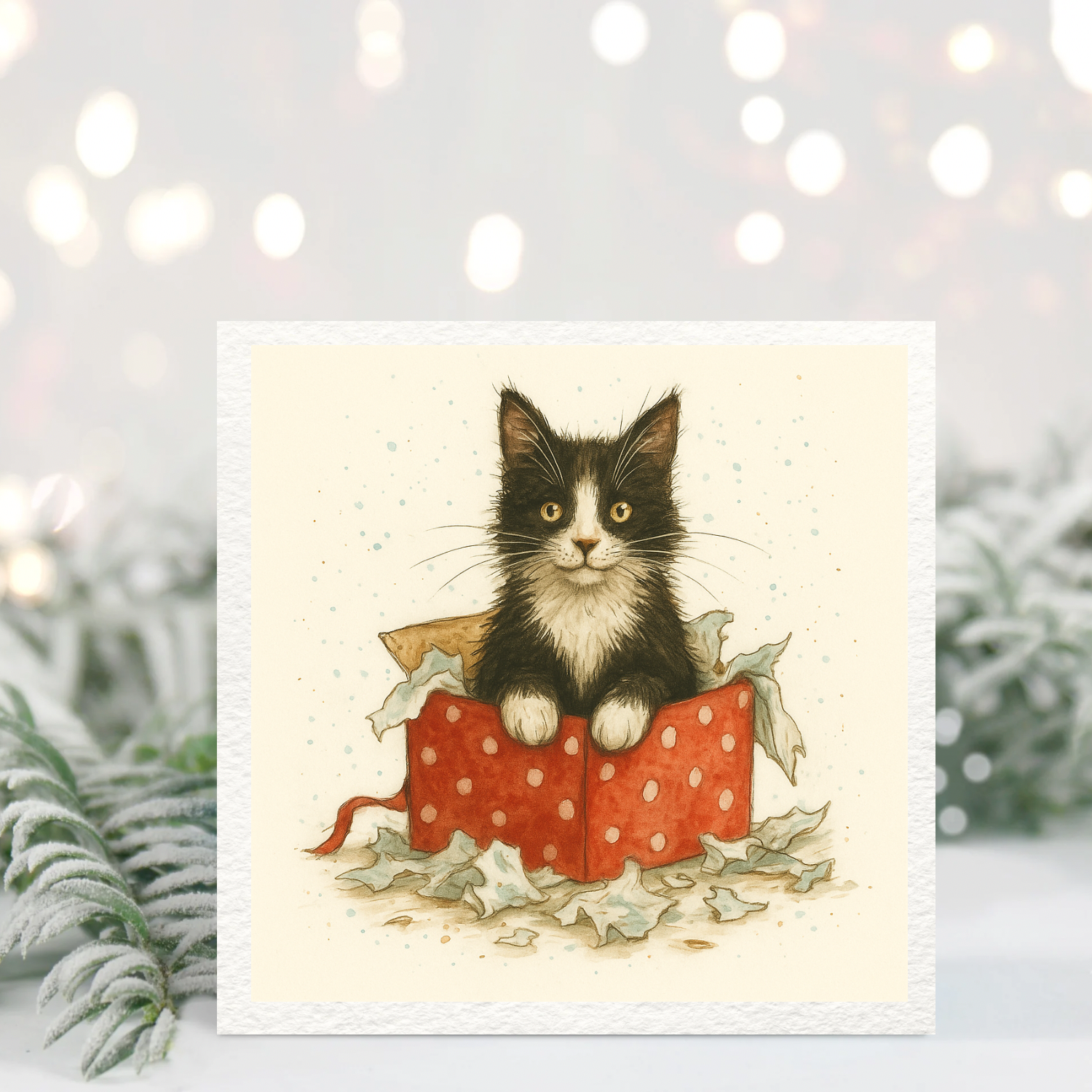 Tuxedo Kitten in Gift Box Christmas Card – Cute Cat Illustration – Festive Animal Greeting Card