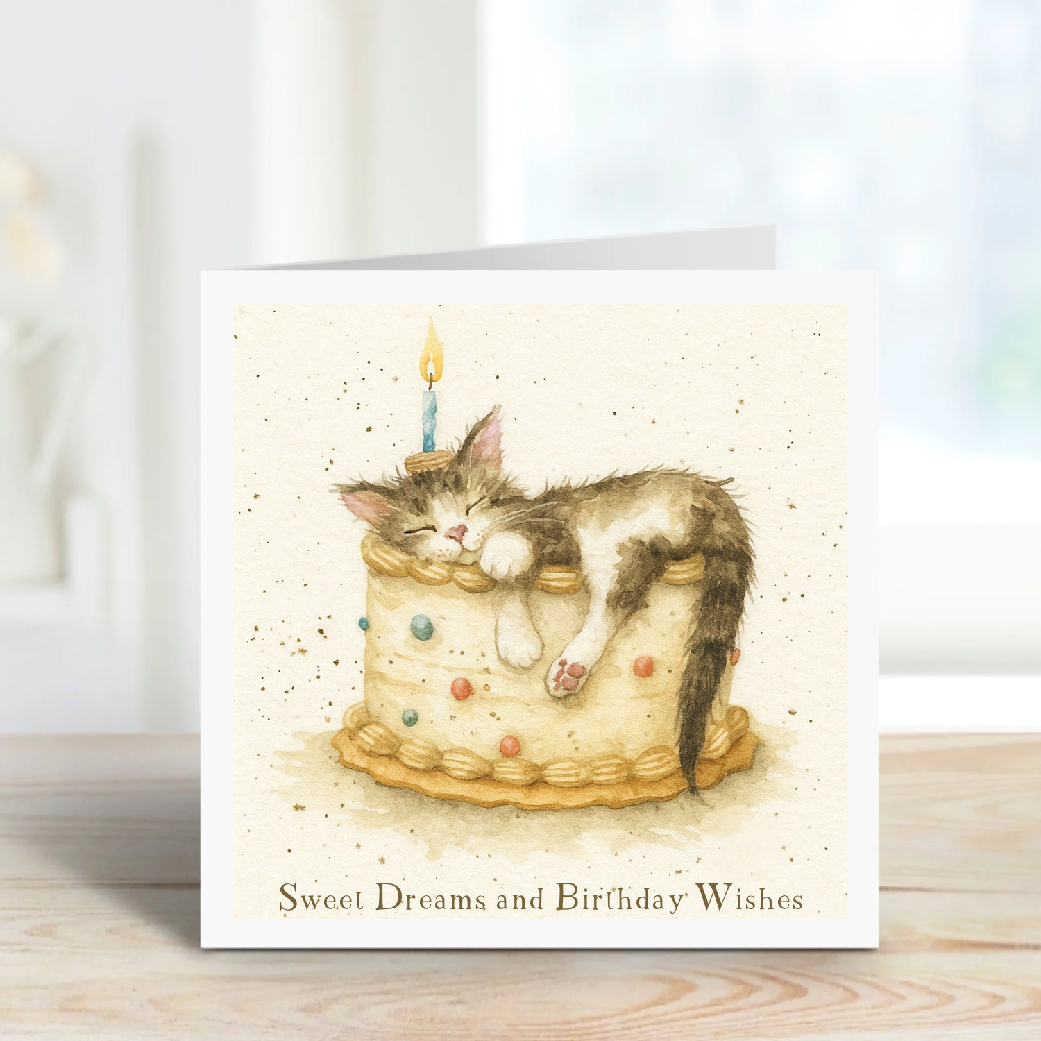 Birthday Cat Card – Cute Kitten Sleeping on Cake – Handmade Watercolour Style Greeting Card