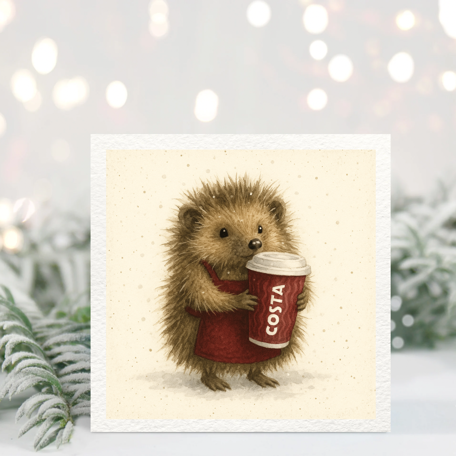 Cute Hedgehog Coffee Card – Hand-Painted Watercolour Style Animal Greeting Card – Cosy Autumn/Winter Card