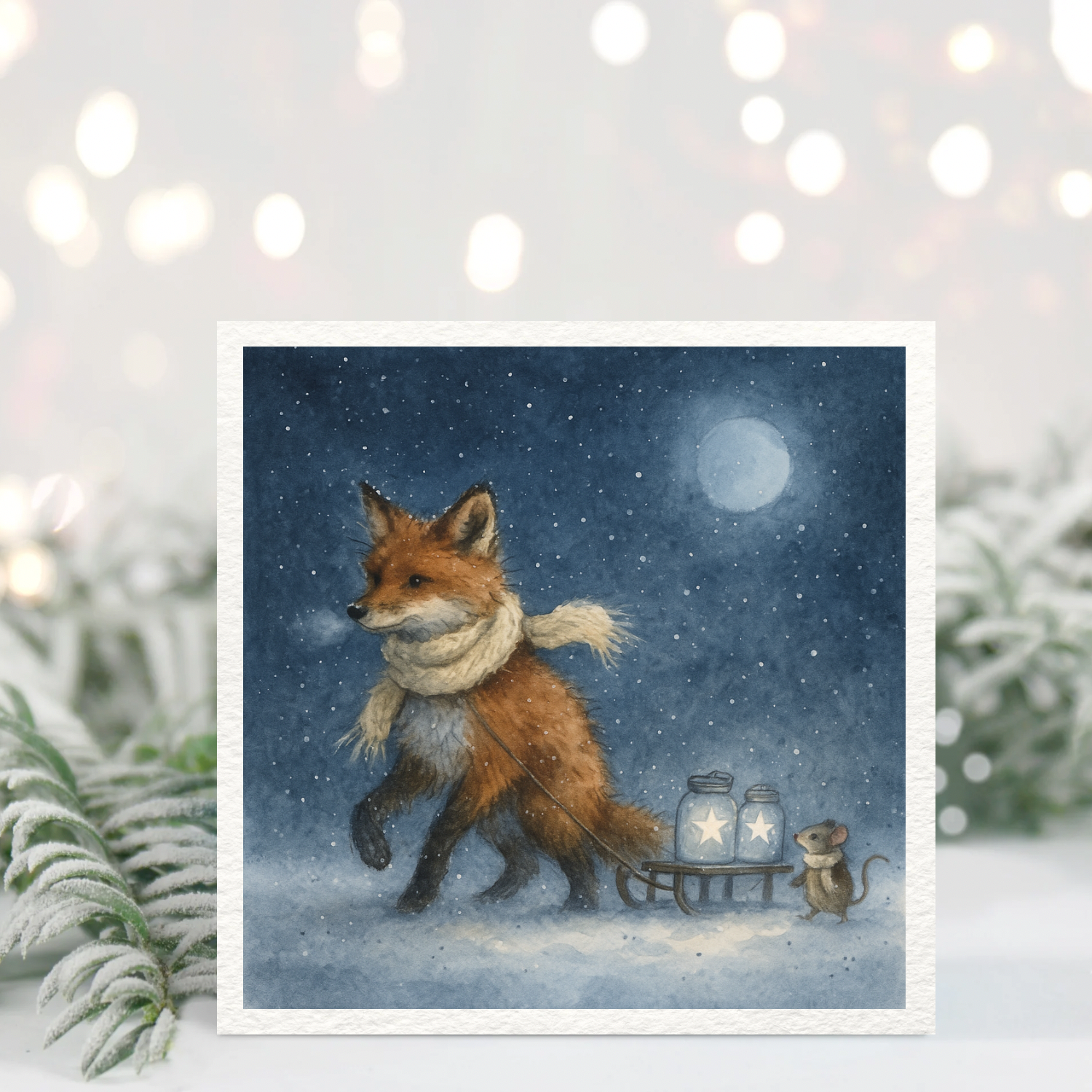 Winter Fox Lantern Card – Cute Fox & Mouse Snowy Night Illustration – Hand-Painted Woodland Christmas Card