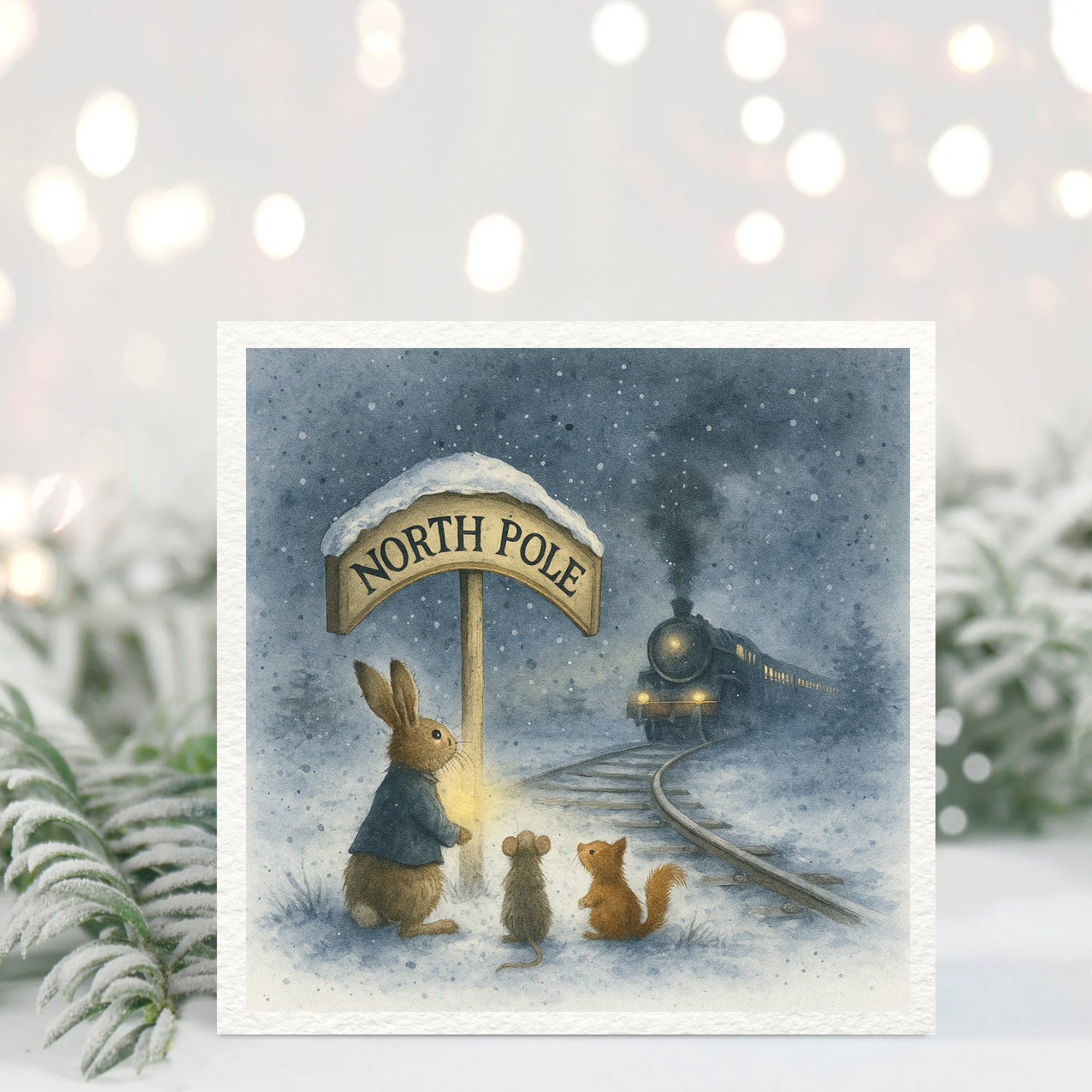 North Pole Winter Animal Card – Woodland Rabbit, Mouse & Squirrel Illustration – Magical Christmas Card