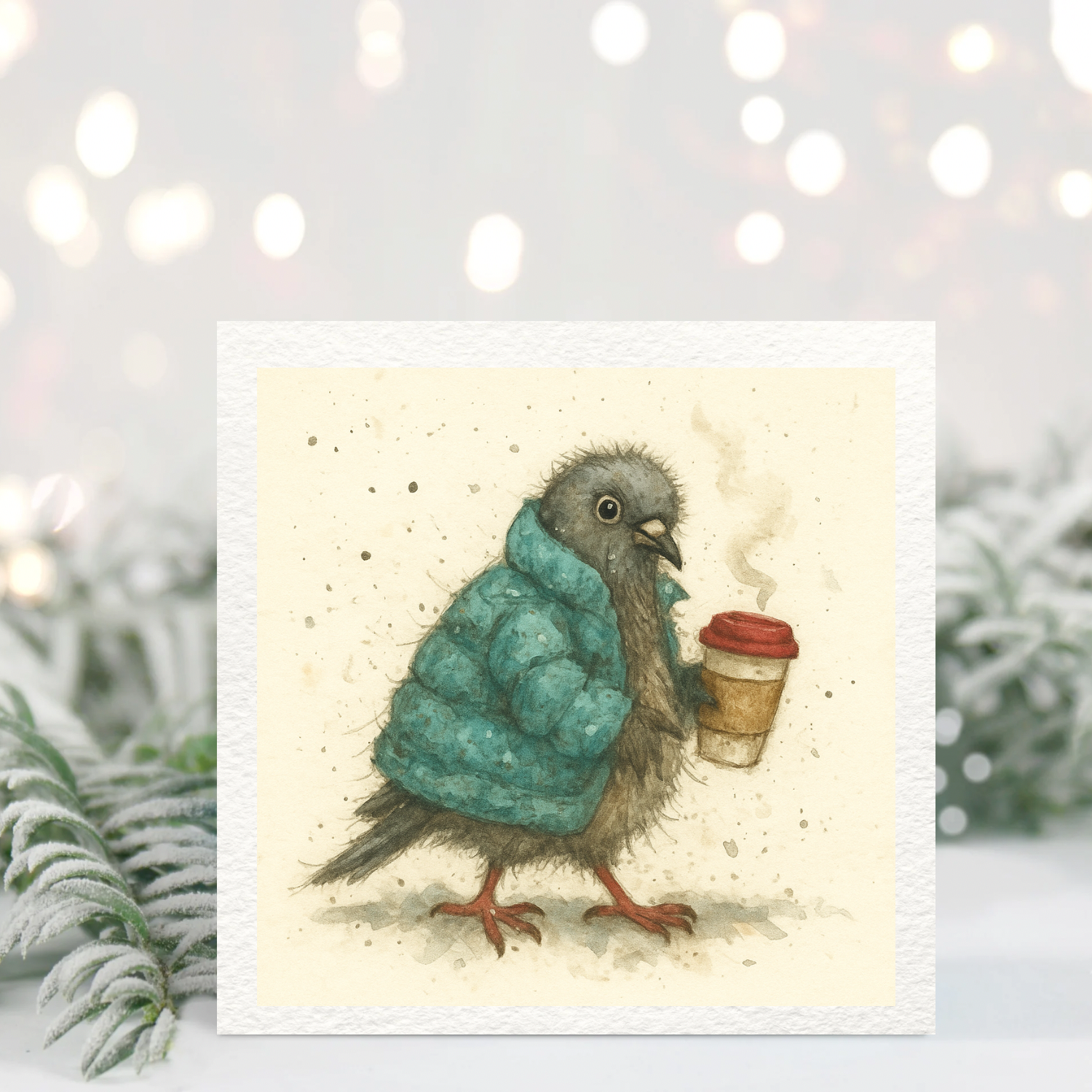 Cosy Pigeon Coffee Card – Cute Bird in Puffer Coat Illustration – Hand-Painted Winter Greeting Card