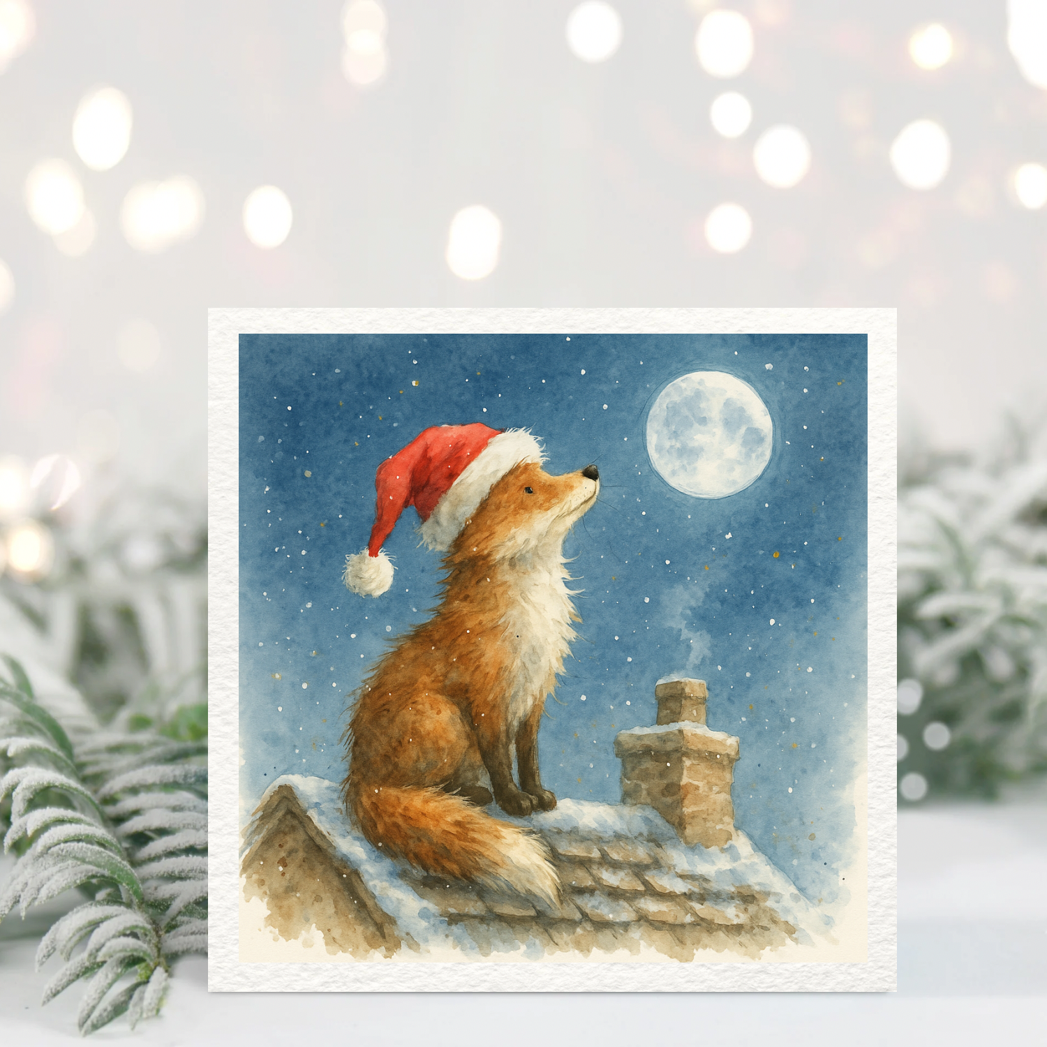 Christmas Fox Rooftop Card – Cute Fox in Santa Hat Under Moon – Hand-Painted Winter Woodland Greeting Card