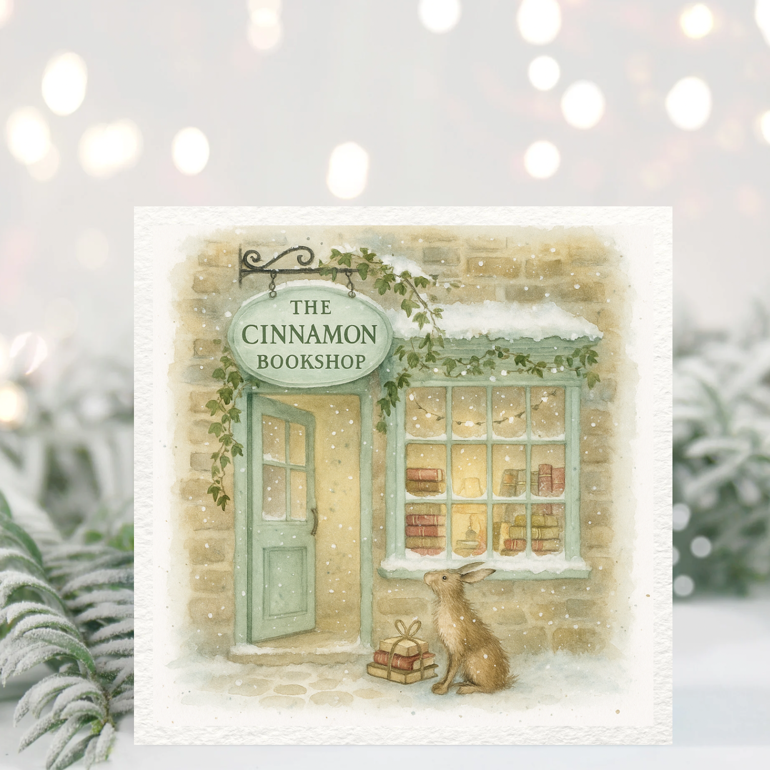 Cinnamon Bookshop Christmas Card – Cosy Winter Bookshop Scene with Rabbit – Hand-Painted Woodland Greeting Card