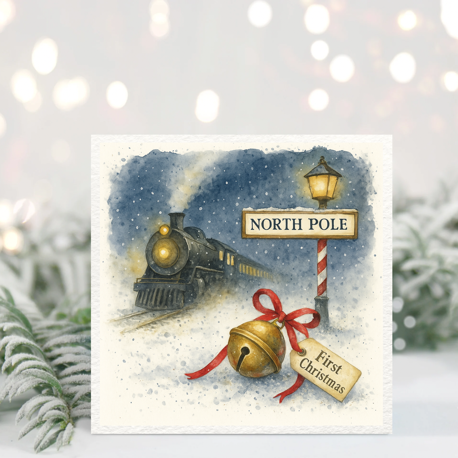North Pole Train “First Christmas” Card – Magical Bell Keepsake Illustration – Hand-Painted Winter Greeting Card