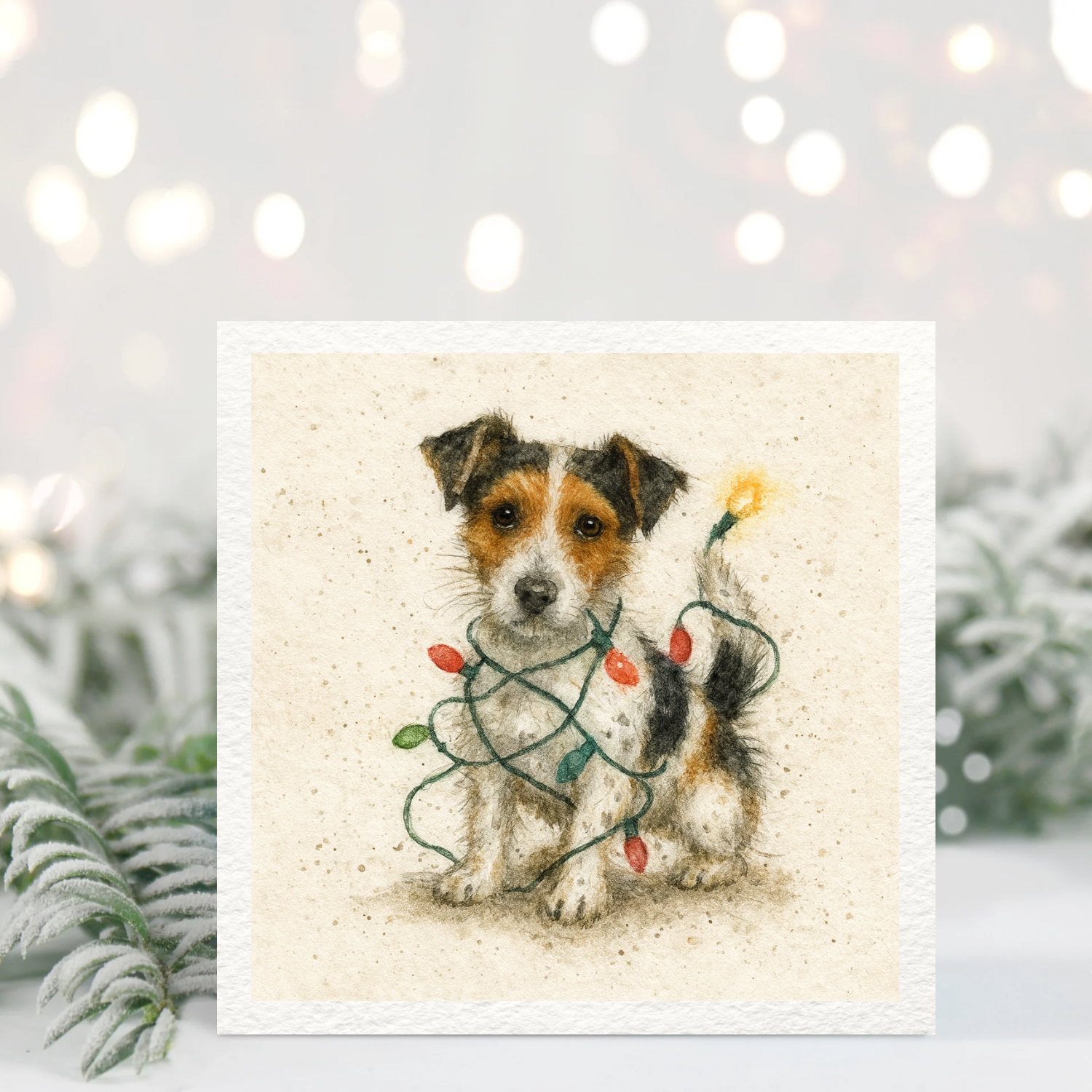 Jack Russell Christmas Card – Cute Dog Tangled in Lights – Hand-Painted Cosy Winter Greeting Card